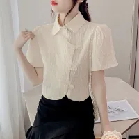 Lucyever Vintage Turndown Collar Short Blouse Women Elegant Chic Retro Buckle Crop Tops Woman National Style Cheongsam Shirts Haberdashery