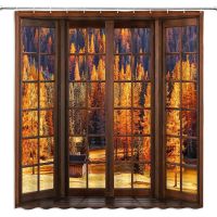 Fall Forest Shower Curtain Tree Fallen Leaves Orange Dead Leaf Window Autumn Season Nature Scene Outdoor View Rustic Wild Woods Country Vintage Cabinet House Decor Fabric Bathroom