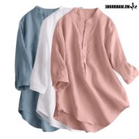 COD dhdfxcz Women Long Sleeve Blouse Kameja Women Daily Simple Casual Loose Basic Solid 3/4 Sleeve O-Neck Cotton Blouse