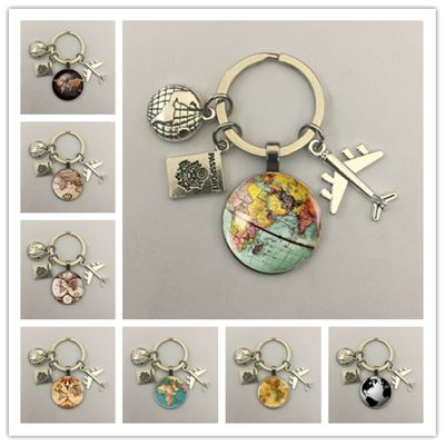 【CW】 Map Keychain Exploring Glass Cabachon Aircraft Pendant Men  39;s and Women  39;s Jewelry Keychain.