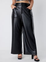 Cider Faux Leather Middle Waist Solid Wide Leg Trousers Curve &amp; Plus