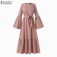 Muangee สตรีมุสลิม Flare แขนยาว A Line ธรรมดา Abaya Ruffles Maxi DressZANZEA #6