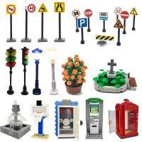 City Telephone ATM Traffic Light Sign Trash Can Street View Bench Sets Toys For Children Kids Gifts City Building Blocks