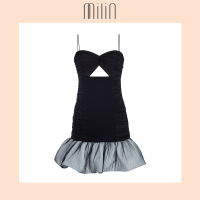 [MILIN] Figure Front cutout detail Draping tulle overlay Sturdy wide flounce hem Mesh Polyester spaghetti strap dress / เดรสสั้นสายเดี่ยวผ้าตาข่ายโพลีเอสเตอร์เจาะใต้อกแต่งชายระบาย สีดำ