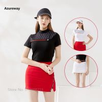 Azureway Summer Golf Clothing for Women Stripe Slim Tees Round Neck Shirt Ladies Split A-line Skirt Anti-exposure Pleated Skorts Sports Jersey Set