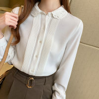 2021New Elegant Embroidered blouse Long Sleeve Turn down collar White Office lady top New fashion Women Lace shirt