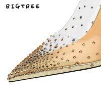 BIGTREE High Heel Shallow Mouth Pointed Transparent Hollow Out Rhinestones Korean Version Fashion y Kasut Perempuan 7818-1