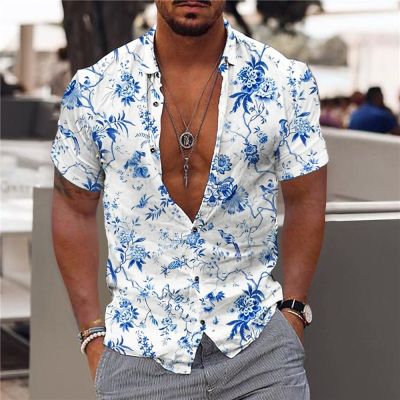 เสื้อฮาวายแขนสั้นใบไม้ดอกไม้พิมพ์ลาย3D เสื้อเชิ้ตผู้ชายฤดูร้อนเสื้อผ้าพิมพ์ลาย