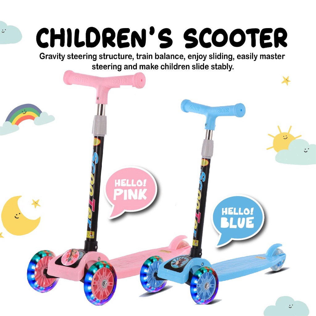 (Ready Stock with LED) Kids Scooter LED Scooter Foldable And Adjustable Height - Three Wheel Balance Bike With PU Flash WheelsSkuter Budak Kids Scooter Scooter for Kids Foldable and Adjustable Kids Scooter with LED Light Skutter Budak