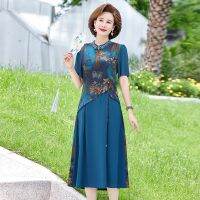 ผู้หญิงวัยกลางคน Cheongsam คอ Casualsilk และชุดชีฟองผู้หญิงแขนสั้น Retro ชุดสตรี Patchwork Midi Dresses