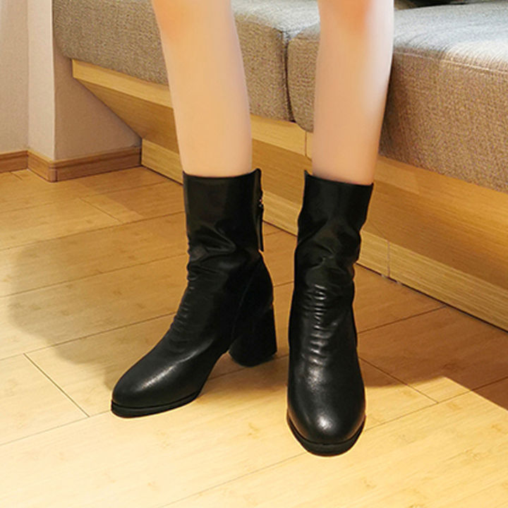 รองเท้าผู้หญิงสไตล์อังกฤษยาวกันลื่นหนังมีซิปฤดูหนาวและฤดูใบไม้ร่วง