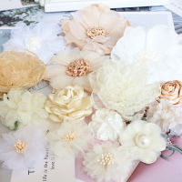 +10PCSLot Beige Series Camellia Rose Chiffon Fabric Artificial Flower Head For Wedding Dress Clothing Decoration Headdress ！