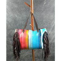 2021 New Design Large Capacity PU Rainbow Stripe Decorated Weekender Tote Bags Beach Use Outdoor Picnic Handbags with Tassels