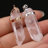 1pc Natural Crystal Quartz Pendant Pendulum Column Silver Gold Plated Healing Point Clear Quartz Charms for DIY Jewelry Making