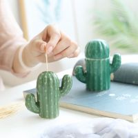 Cactus Shape Ceramic Toothpick Holder Cotton Swab Dental Floss Storage Box Desktop Mini Ornaments Decoration Container Organizer