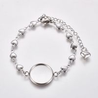 2pc 304 Stainless Steel Bracelet Making with Lobster Claw Clasps Heart Link Chains and Flat Round Cabochon Settings Stainless Steel Color Tray: 16mm 6 inch(15.3cm)