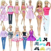 Wholesale Doll Outfit 5 Pcs Cute Mini Dress T shirt Pants Pink Bikini Flat High Heels Shoes Clothes for Barbie Doll Accessories