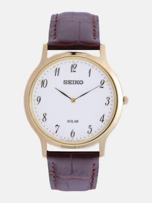 SEIKO Solar นาฬิกาข้อมือผู้ชายเรือนทอง สายหนังแท้สีน้ำตาล รุ่น SUP860P1 - สีทอง