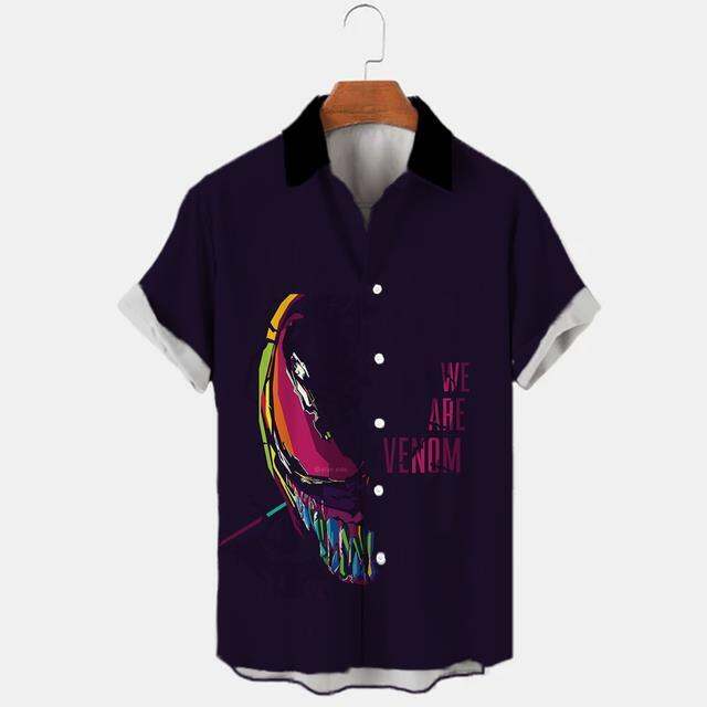 เสื้อยืดพิมพ์ลายดิจิทัลแนวฮาวายสำหรับผู้ชาย-เสื้อมีกระดุมพิมพ์ลายดิจิทัลแนวสยองขวัญชายหาดแนวฮาวายลำลองทรงหลวมเสื้อเชิ้ตฤดูร้อน