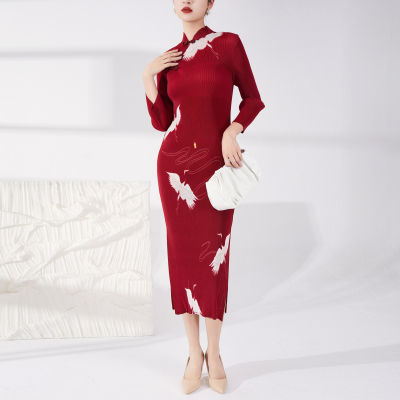 ชุดกี่เพ้าชุดจีบสง่างาม Sablon Bunga แนวศิลปะผ่าหน้าสไตล์จีนปรับปรุง Zsj22125ผู้หญิง