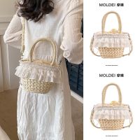 Spring and summer lace portable tote bag straw bucket bag women 2023 new Messenger waist bag seaside woven bag 【QYUE】