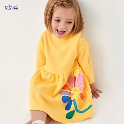 Little maven Baby Girls Dress Yellow Flowers Cotton Long Sleeves Frocks Casual Clothes Autumn Lovely for Kids 2-7 year
