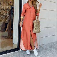 Casual Long Shirt Dress Autumn Women Sleeve Maxi Dresses Laides Turn-down Collar Office Loose Sundress Robe Longue