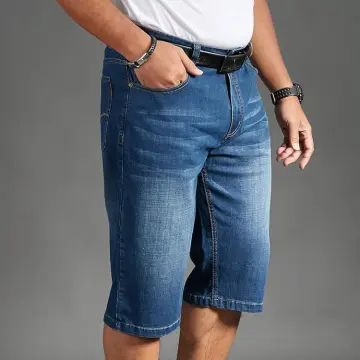 Men 3/4 Capri Jeans Loose Below Knee Denim Shorts Distressed Cropped Pants  Blue 