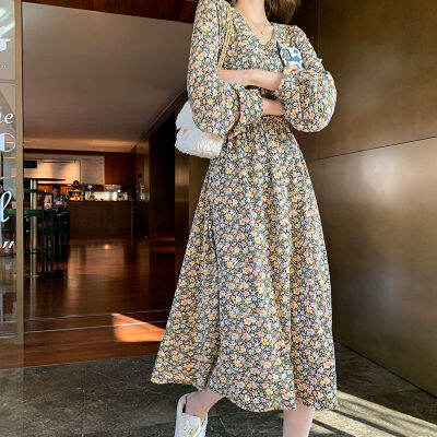 Floral Dress Winter 2021 Womens Waist Style V-neck Long Dress