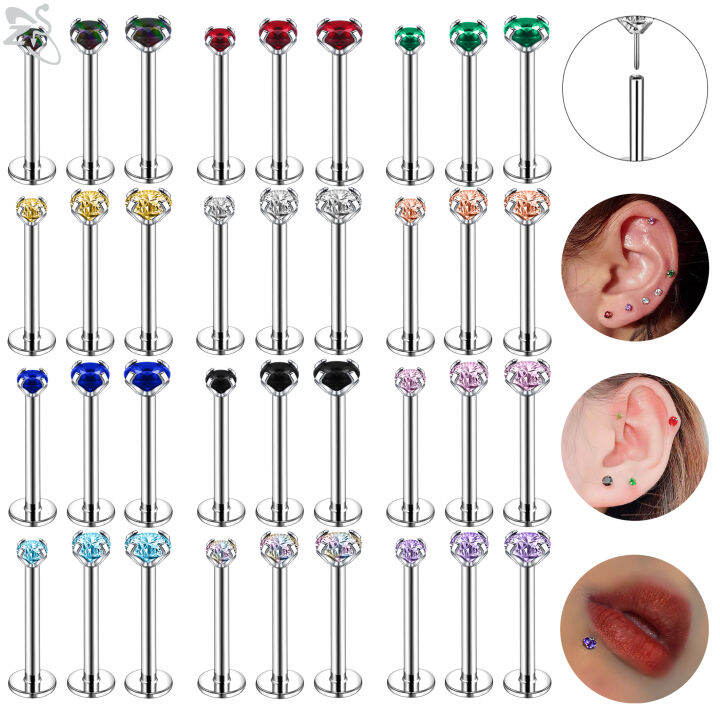 ZS 1 PC Plug-In Style Stainless Steel Lip Labret Piercing CZ Crystal ...