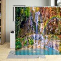 Sunshine Rainbow Mountain Water Landscape Shower Curtain Waterfall Nature Scenery Bathroom Decor Waterproof Curtains With Hooks