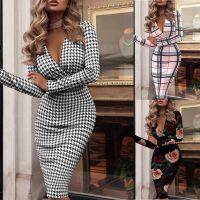 【YF】 Autumn Winter Sexy Long Sleeve V-Neck Houndstooth Print Dress Women2021Harajuku Plus Size Vestido Midi Bodycon Dresses For Women