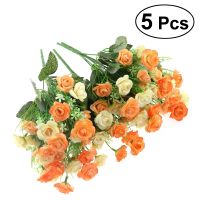 5pcs Artificial Rose Silk Single Stem with 5 Branches Fake Plants Simulation Flowers for Party Wedding Home Decoration Orange