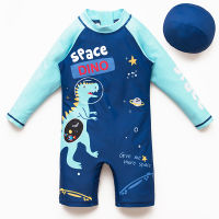 Space Dragon ชุดว่ายน้ำเด็กชิ้นเดียว3-10 Y พร้อมหมวกชายแขนยาวแห้งเร็วป้องกันการนอนกรนเด็กทารกเสื้อผ้าฤดูร้อน