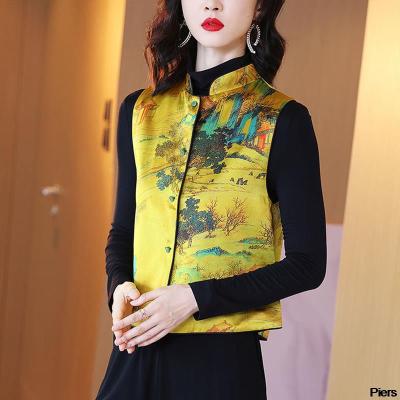 【สต๊อกพร้อม】วินเทจชาติพันธุ์เสื้อยืดผ้าฝ้ายท็อปส์สไตล์จีนพิมพ์ H Anfu เสื้อผู้หญิงจีนเสื้อผ้าแบบดั้งเดิมรสสูท B Lusas Gilet เสื้อ