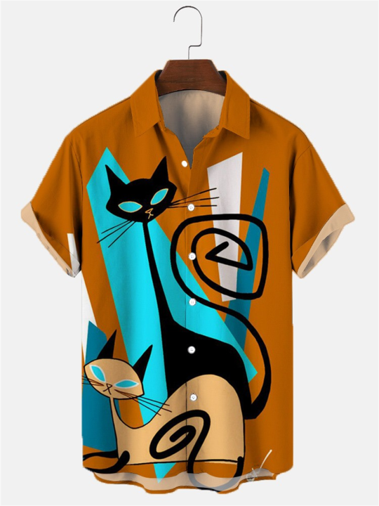 เสื้อฮาวายคอปก3d22-23-เสื้อผู้ชายการ์ตูนเสื้ออะนิเมะแขนลำลองขาสั้นเสื้อผ้าผู้ชายเสื้อผ้าฤดูร้อนสตรีทย้อนยุคสัตว์แมวสั่งทำ
