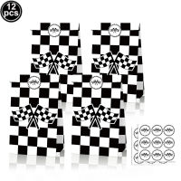 12pcs Race Car Party Treat Bag with Checkered Racing Stickers Checkered Racing Paper Bags for Kids Race Car Theme Birthday Party