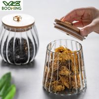 【LZ】﹉❀  Wbbooming tampa de bambu e vidro transparente selado jar lata chá casa alimentos estanho confeitaria armazenamento condimento caixa