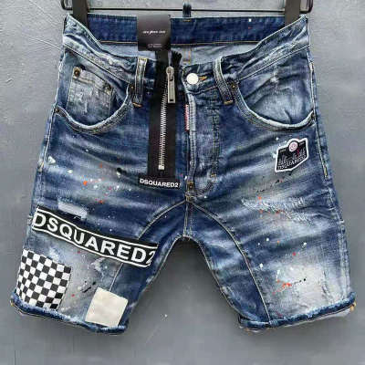 Men Blue Denim Shorts Dsquared2 Luxury Italian Brand High Street Wea Embroidery Ripped Stretch Jeans Fit Denim Shorts Pants