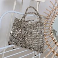 Retro metal shiny hand-woven bag beaded shopping bag pearl handheld shoulder bag fashion armpit bag 【JYUE】