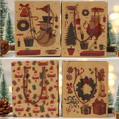 1Pcs Xmas Gift Bags Santa Sacks Kraft Paper Bag With Handle Kids Party Favors Bags Christmas Decorations For Home Cocina