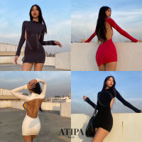 Atipashop - CARINE DRESS เดรส เดรสสั้น เดรสแขนยาว ทรงคอเต่า เว้าหลัง