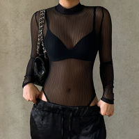 Spot parcel postins European and American Hot Girl New Mesh See-through Slim-Fit Sexy Top Back Ripped Hollow-out Design Jumpsuit