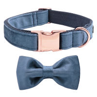 Unique Style Paws Deep Blue Velvet Soft Collar with Bow tie and Leash Gift for Dogs and Cats