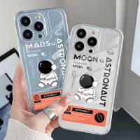 สำหรับ iPhone 13 Pro Max 14 12 iPhone 11 XR 8 7 SE 2022การ์ตูนน่ารัก Mars Moon นักบินอวกาศคุณภาพสูง Square Edge Air Cushion Cover Full Len ป้องกัน Clear Tranparent TPU Case