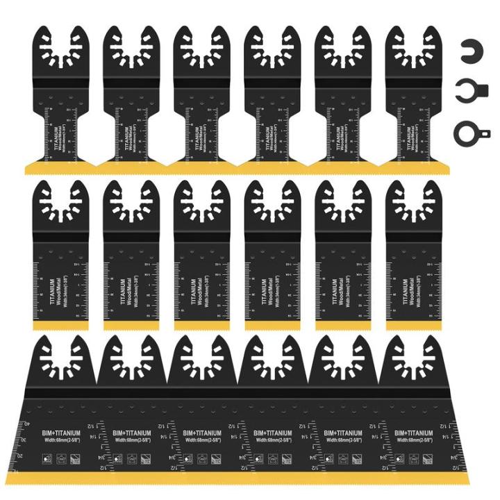 dagafga-18ชิ้นใบเลื่อยไฟฟ้าระบบสั่นสะเทือนวินาทีใบเลื่อยขึ้นลงทนต่อการสึกหรอเคลือบสองโลหะไทเทเนียมพร้อมอะแดปเตอร์ปะเก็นใบเลื่อยไฟฟ้าระบบสั่นสะเทือนใบเลื่อยไฟฟ้าระบบสั่นสะเทือนสำหรับตัดไม้