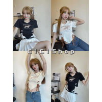 Cici(49116)เสื้อครอปแขนสั้นคอปกปัหลายน้องหมาแต่งสายรูดชายน่ารักๆสไตล์โคเรีย