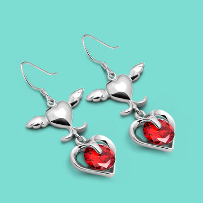 Winter New Womens 925 Silver Earrings Chic Red Cubic Zircon Heart Pendant Original Silver Earrings Cocktail Party Jewelry