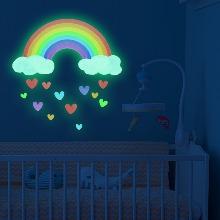 การ์ตูนสติ๊กเกอร์ติดผนังเรืองแสงสีรุ้งในที่มืดเมฆหัวใจ-diy-สติ๊กเกอร์ดีคอลติดผนังห้องเด็กทารกสถานรับเลี้ยงเด็กตกแต่งบ้าน
