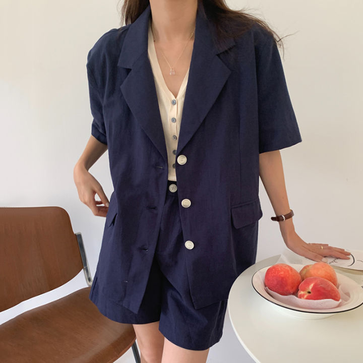 korean-chic-retro-suit-collar-three-button-cardigan-jacket-high-waist-wide-leg-slacks-shorts-two-piece-female